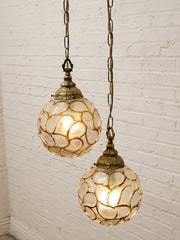 Pair of Vintage Faceted Glass Globe Pendant Lights with Ornate Brass Caps