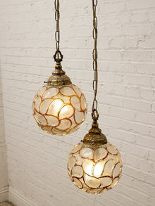 Pair of Vintage Faceted Glass Globe Pendant Lights with Ornate Brass Caps