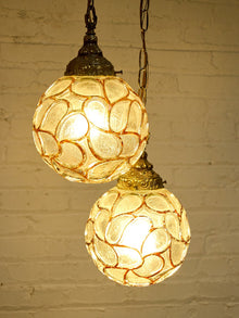 Pair of Vintage Faceted Glass Globe Pendant Lights with Ornate Brass Caps