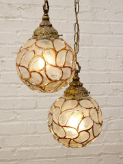 Pair of Vintage Faceted Glass Globe Pendant Lights with Ornate Brass Caps