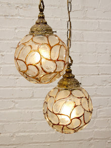 Pair of Vintage Faceted Glass Globe Pendant Lights with Ornate Brass Caps