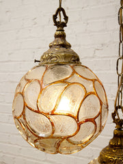 Pair of Vintage Faceted Glass Globe Pendant Lights with Ornate Brass Caps