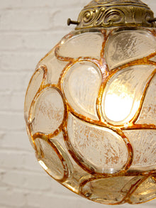 Pair of Vintage Faceted Glass Globe Pendant Lights with Ornate Brass Caps