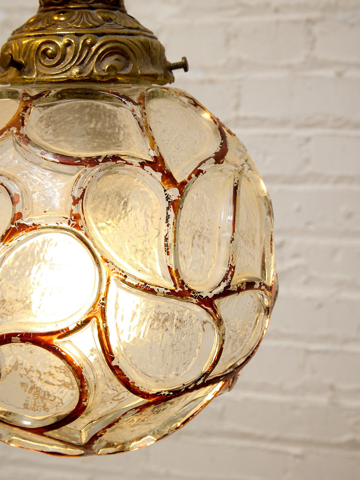 Pair of Vintage Faceted Glass Globe Pendant Lights with Ornate Brass Caps