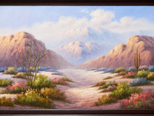 Vintage California Desert Landscape Painting with Cactus and Mountain View