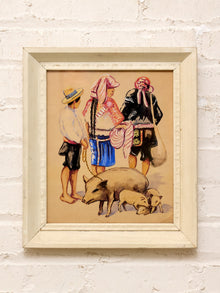 Framed Market Figures Artwork in the Manner of Alfredo Gálvez Suárez