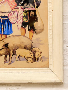 Framed Market Figures Artwork in the Manner of Alfredo Gálvez Suárez