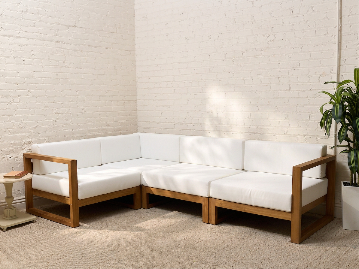 Modern Outdoor Wood Frame Sectional Sofa with White Cushions