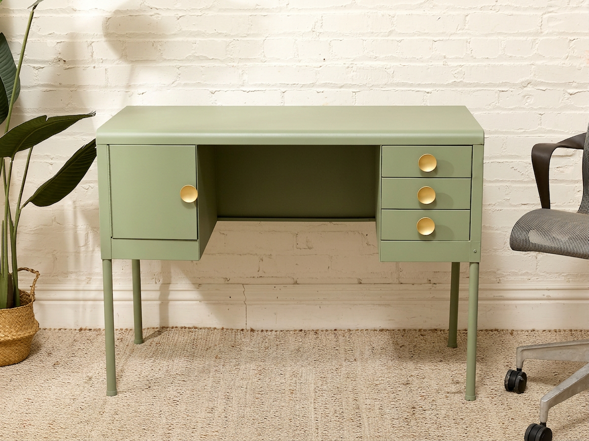 Vintage Deco Sage Green Writing Desk with Round Brass Pulls