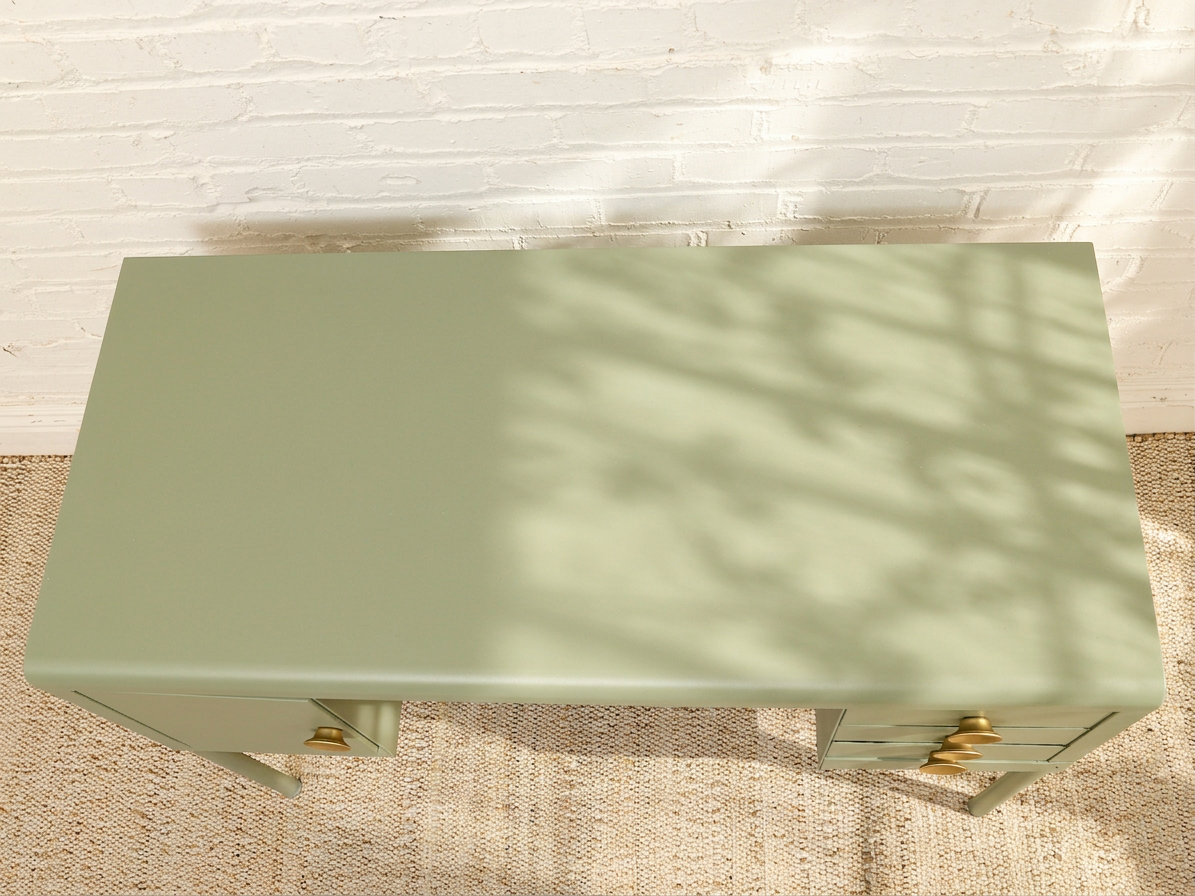 Vintage Deco Sage Green Writing Desk with Round Brass Pulls