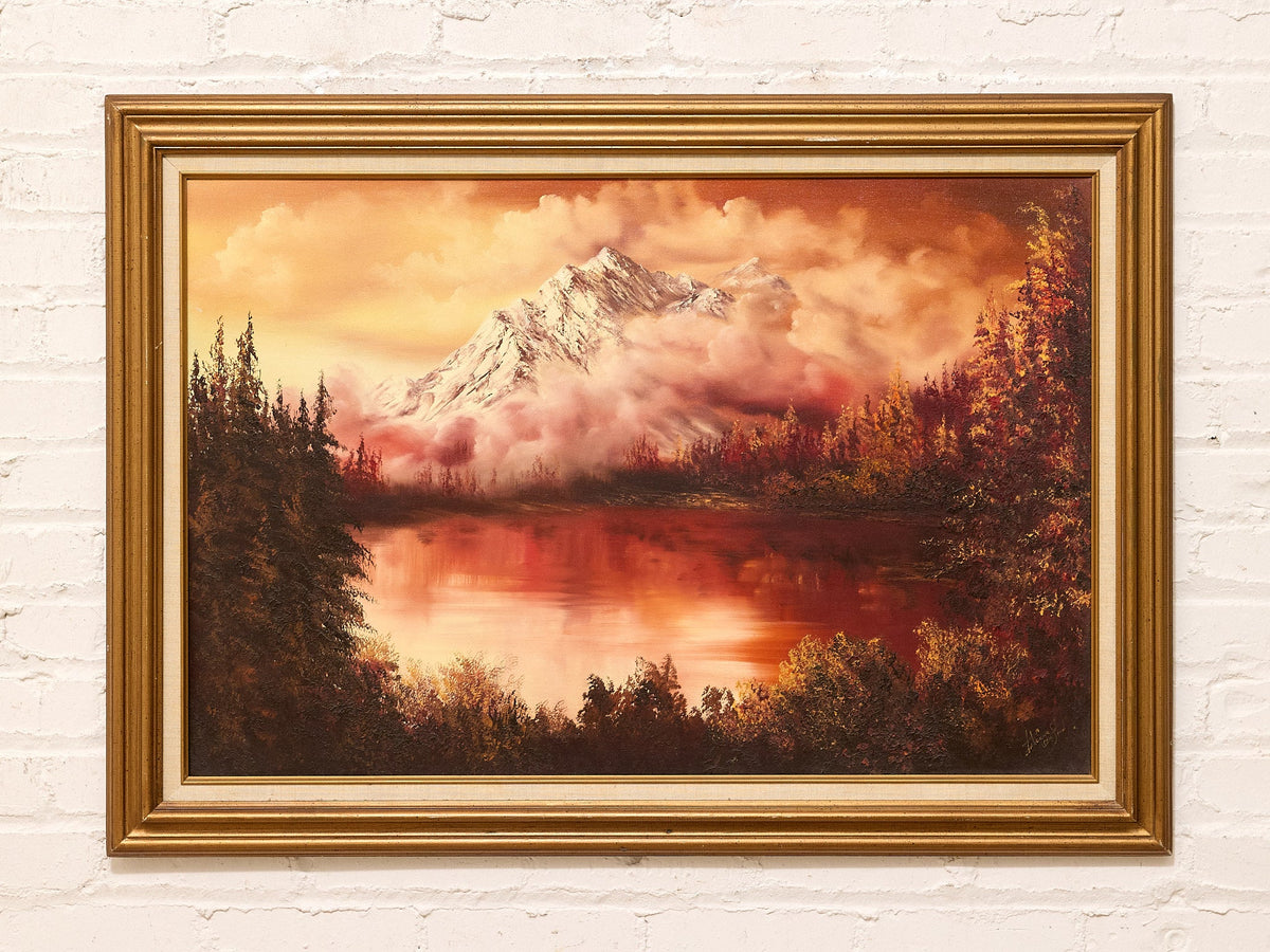 Vintage Mountain Lake Landscape Painting in Warm Autumn Tones