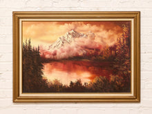 Vintage Mountain Lake Landscape Painting in Warm Autumn Tones