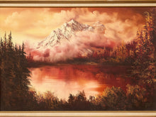 Vintage Mountain Lake Landscape Painting in Warm Autumn Tones