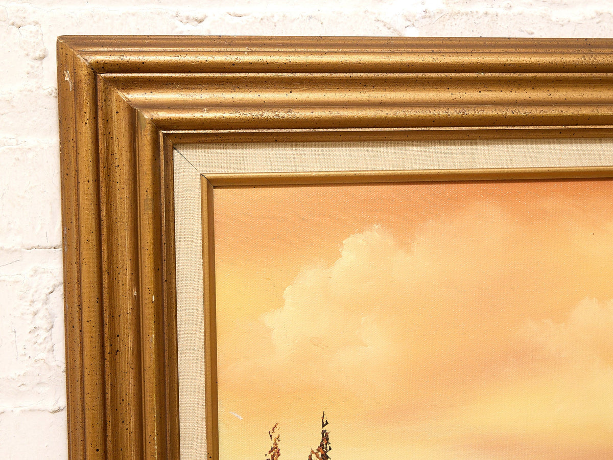 Vintage Mountain Lake Landscape Painting in Warm Autumn Tones