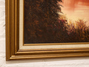 Vintage Mountain Lake Landscape Painting in Warm Autumn Tones