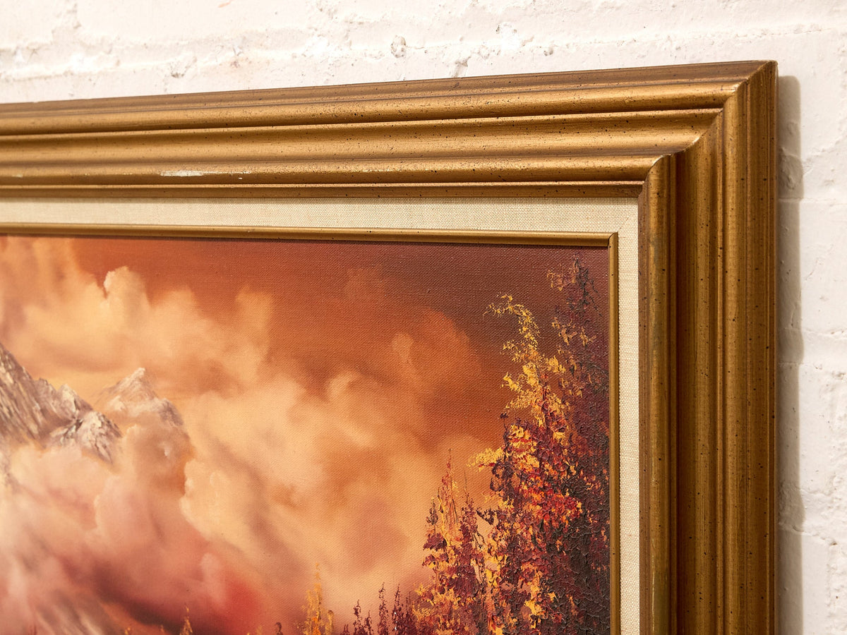 Vintage Mountain Lake Landscape Painting in Warm Autumn Tones