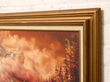 Vintage Mountain Lake Landscape Painting in Warm Autumn Tones