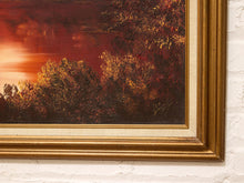 Vintage Mountain Lake Landscape Painting in Warm Autumn Tones