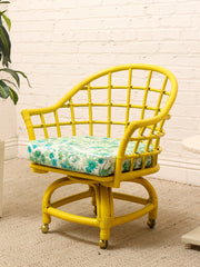 Set of Four Vintage Bright Yellow Rattan Barrel Chairs with Floral Cushions