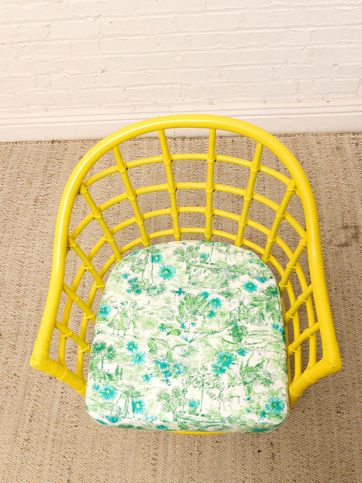 Set of Four Vintage Bright Yellow Rattan Barrel Chairs with Floral Cushions