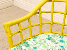 Set of Four Vintage Bright Yellow Rattan Barrel Chairs with Floral Cushions