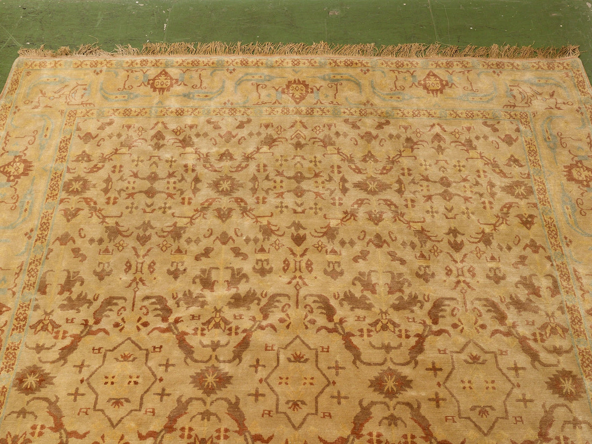 Vintage Hand-Knotted Silk Oushak-Style Area Rug in Ivory, Rust & Pale Blue