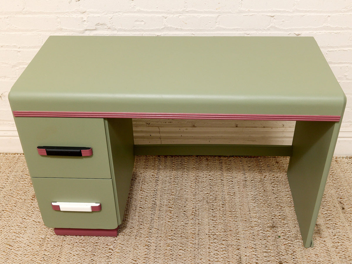 Vintage Mint Green Writing Desk with Wood-Tone Details