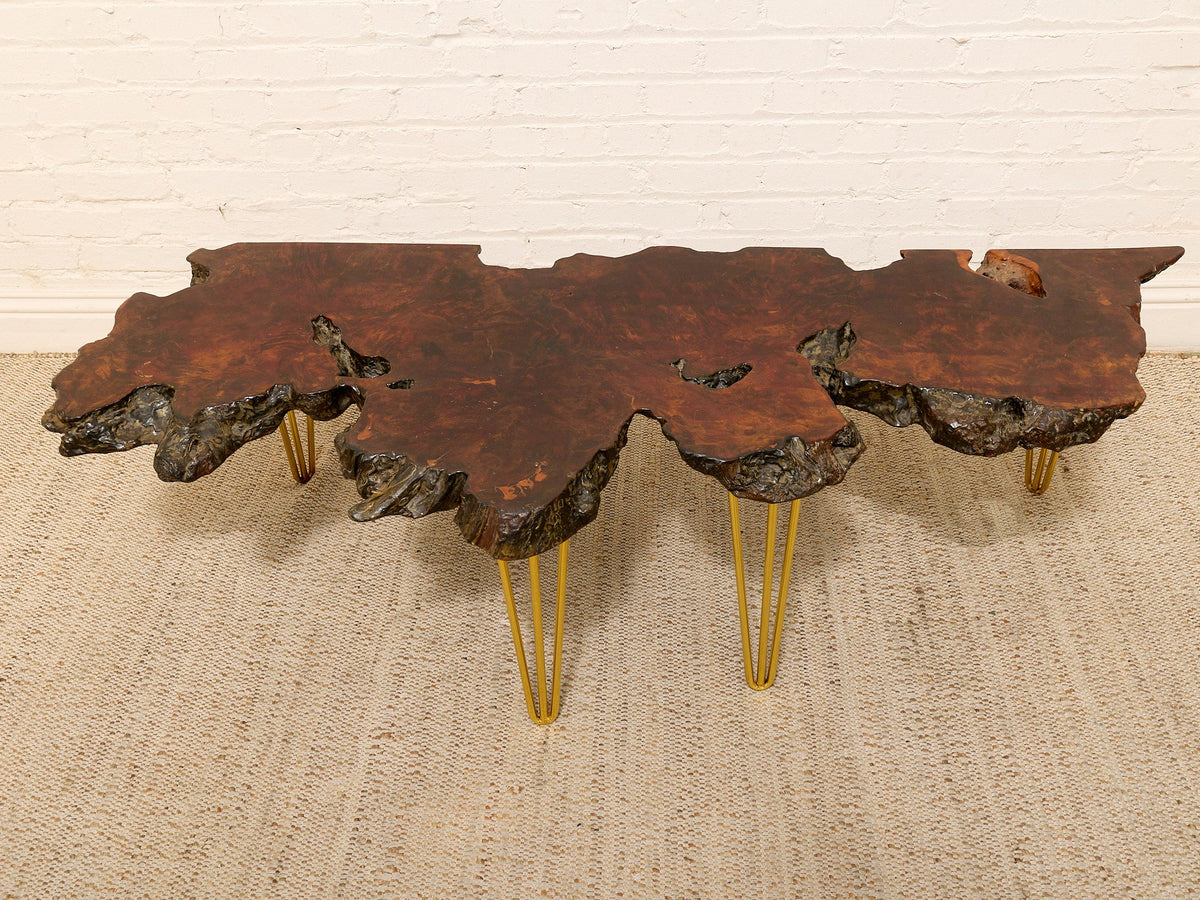 Vintage Live Edge Burl Wood Coffee Table with Brass Hairpin Legs
