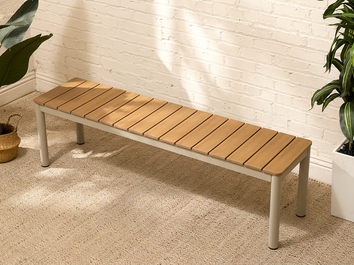 Modern Faux Teak Slatted Composite Outdoor Bench