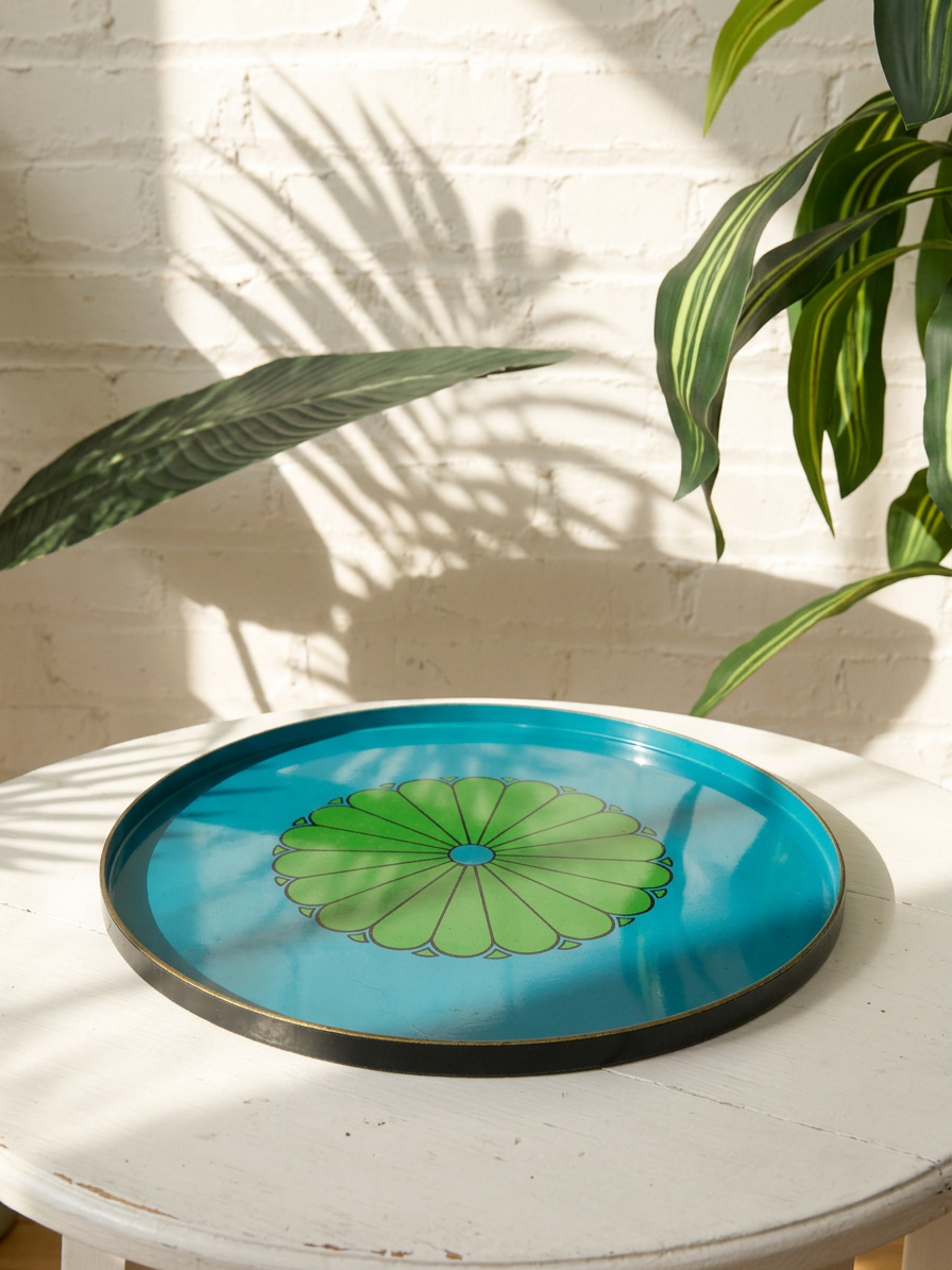 Vintage Large Blue & Green Mod Floral Serving Tray
