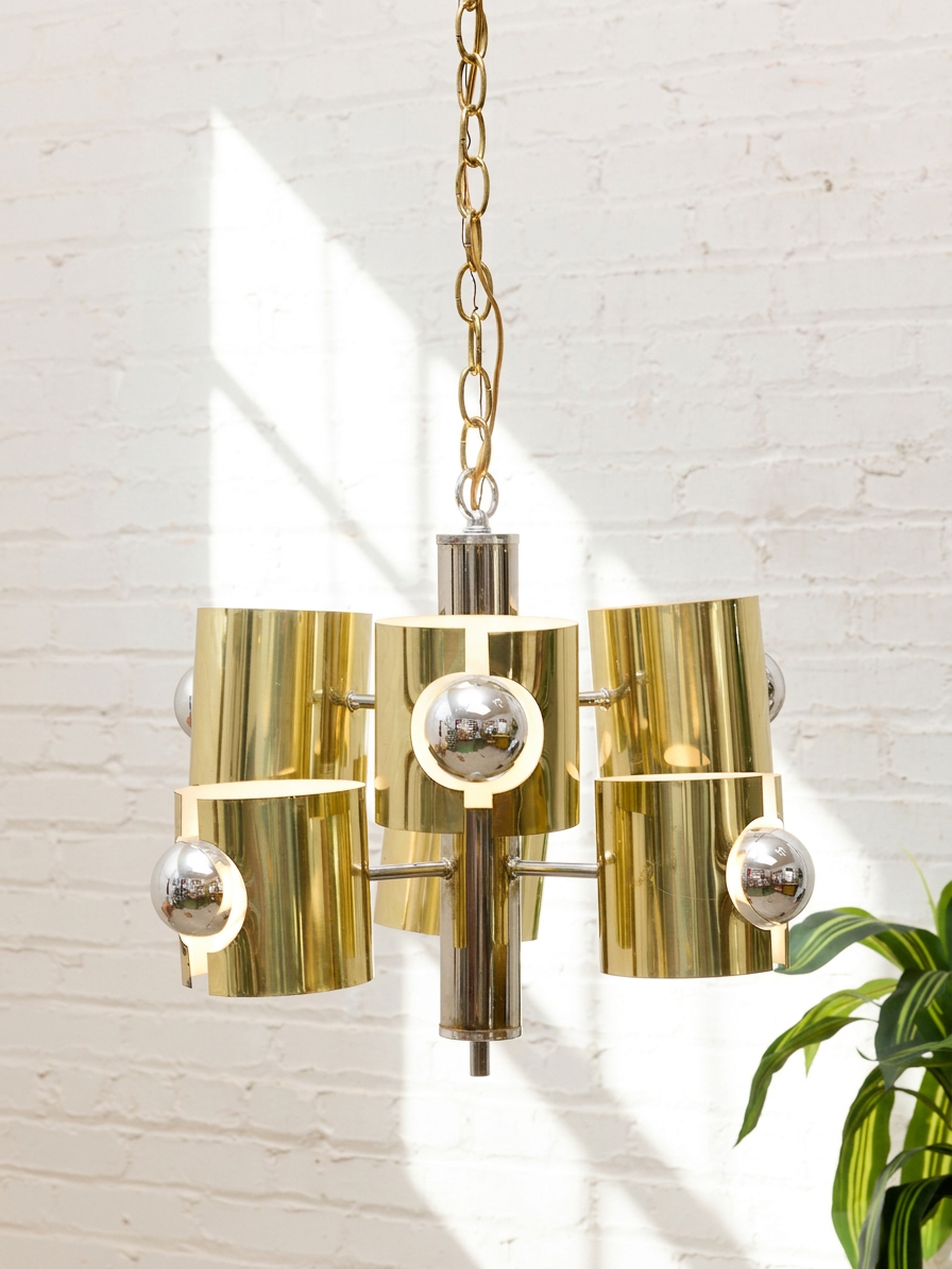 Vintage Brass & Chrome Multi-Light Space Age Chandelier