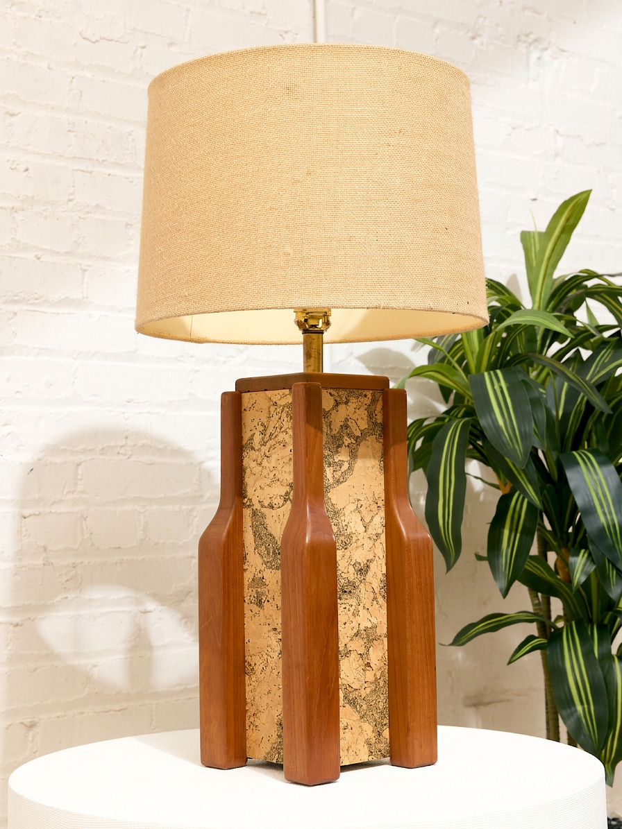 Vintage Walnut & Cork Architectural Table Lamp