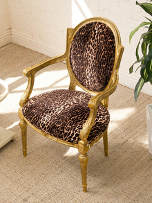 Antique French Louis XVI Style Giltwood Armchair in Leopard Print with Gold Trim