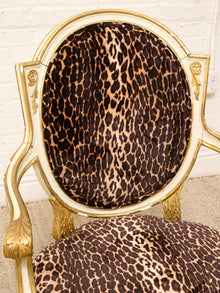 Antique French Louis XVI Style Giltwood Armchair in Leopard Print with Gold and White Trim