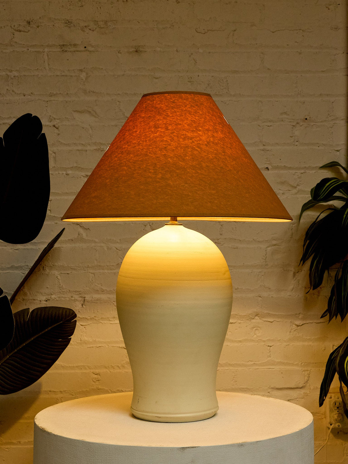 Vintage White Sculptural Table Lamp with Brown Shade