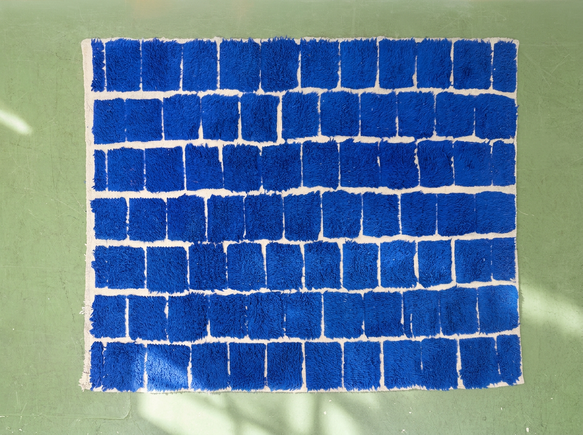Vintage Cobalt Blue & White Geometric Shag Rug