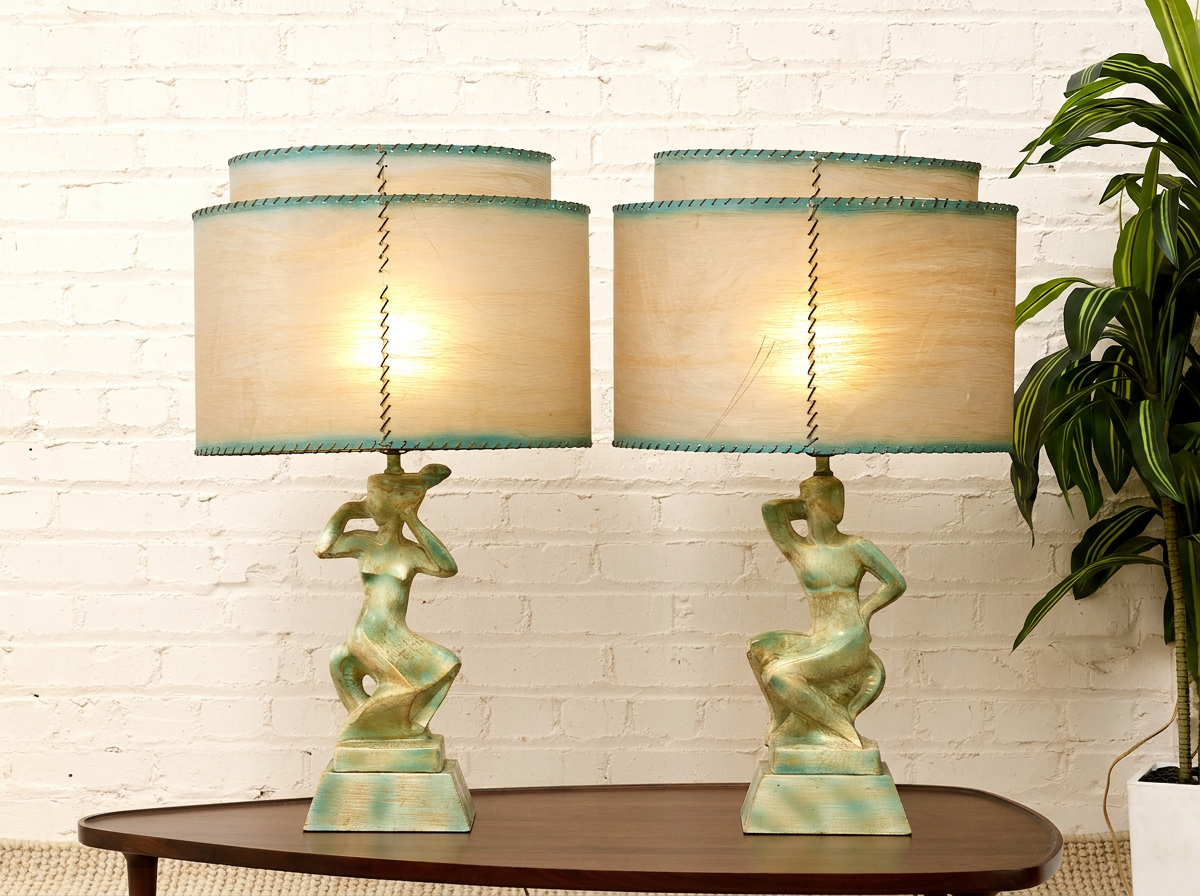 Pair of Vintage Figural Table Lamps with Fiberglass Shades