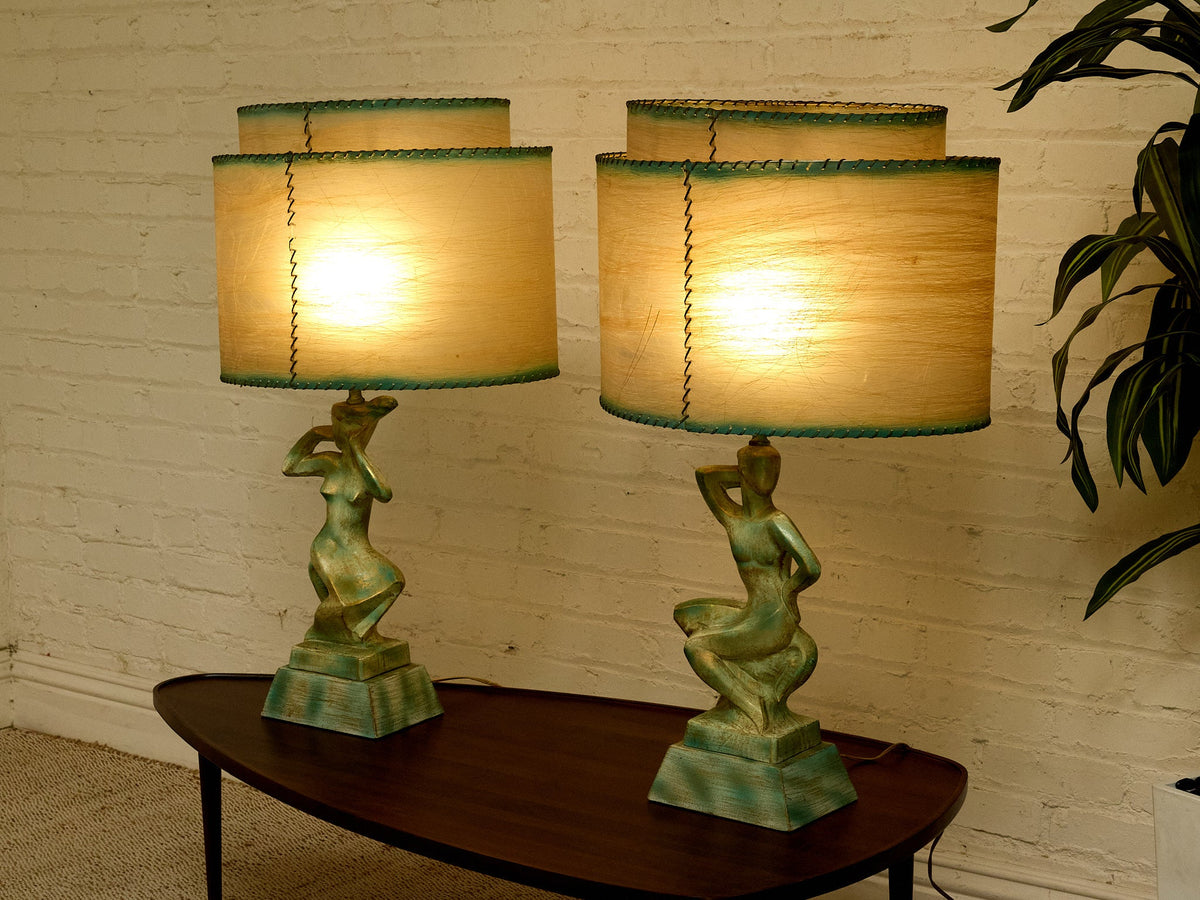 Pair of Vintage Figural Table Lamps with Fiberglass Shades