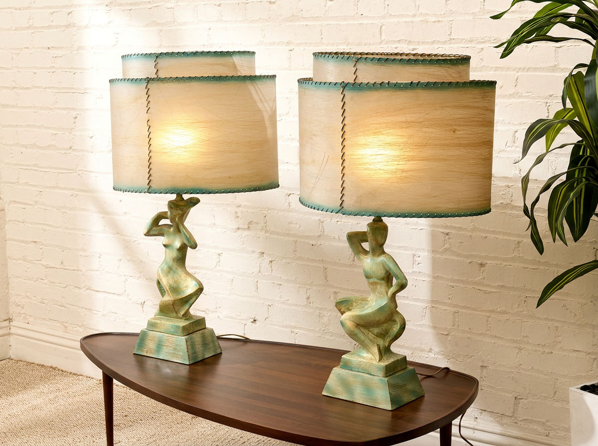 Pair of Vintage Figural Table Lamps with Fiberglass Shades