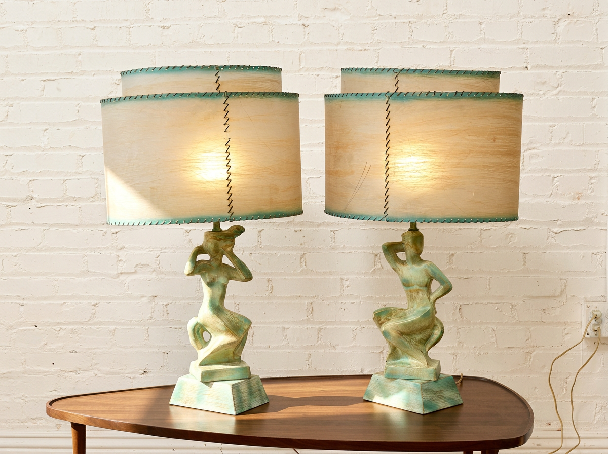 Pair of Vintage Figural Table Lamps with Fiberglass Shades