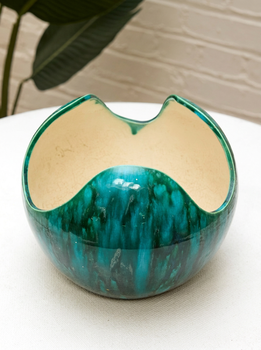 Vintage Turquoise Glazed Sculptural Ceramic Bowl