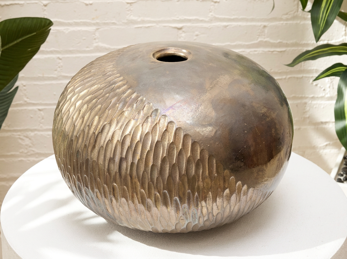Raku-Style Textured Bronze Ceramic Vase