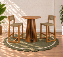 Victoria Slatted outdoor Bar Table with Two Rattan Bar Stools in Warm Teak